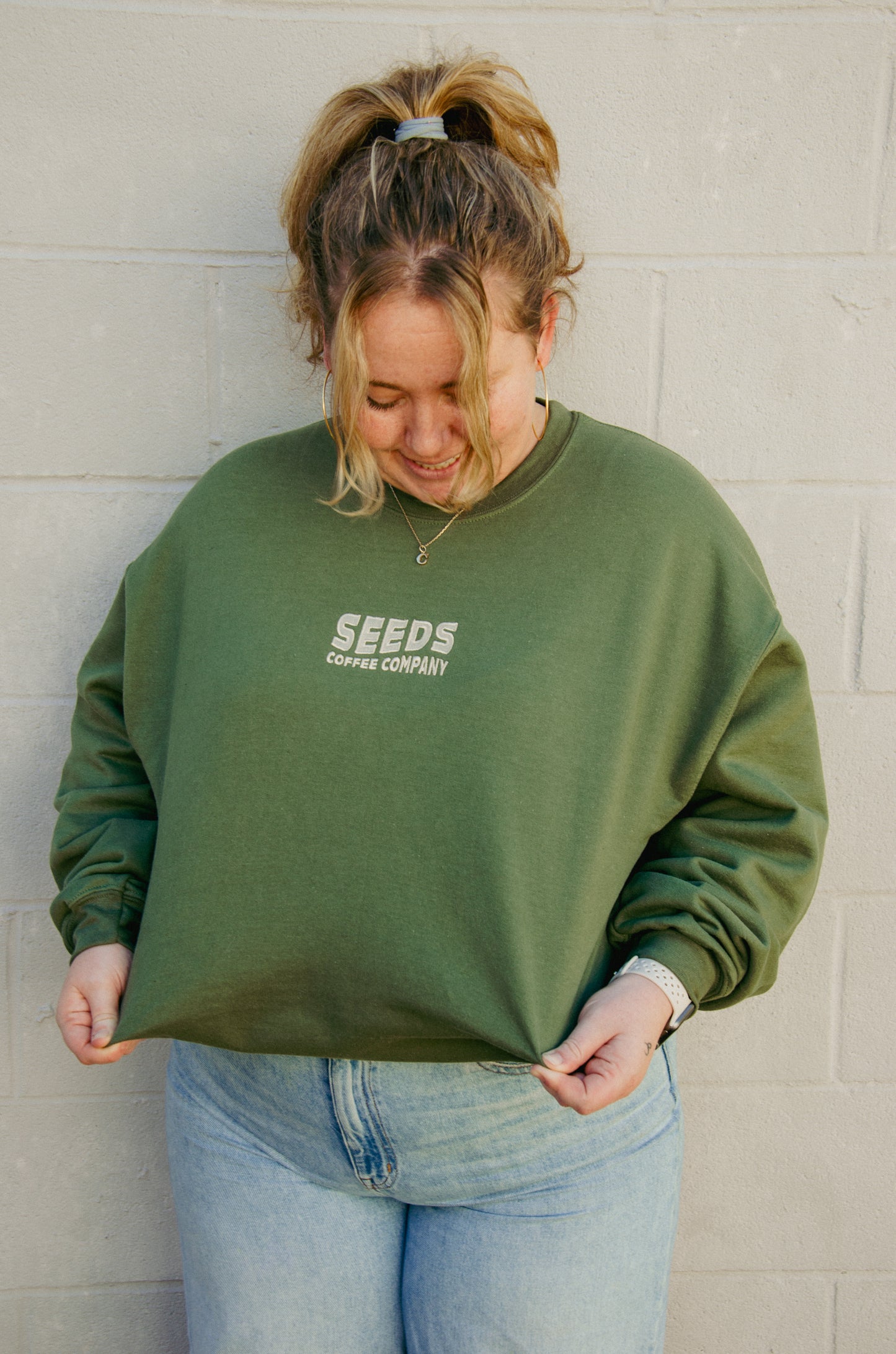 Embroidered Seeds Green Crewneck